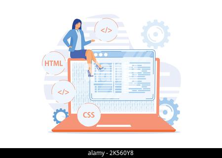 Linguaggi di programmazione CSS e HTML. Programmazione del calcolatore , codifica, IT. Personaggio cartoon programmatore femmina. Software, sviluppo di siti web. Vettore illu Illustrazione Vettoriale