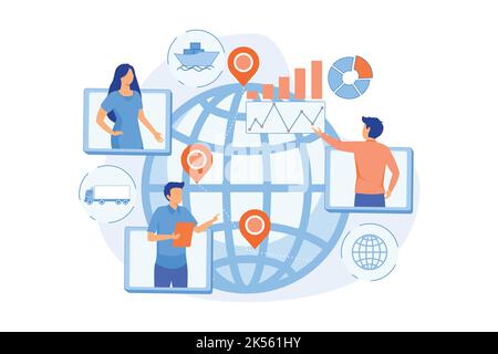 Distribuzione globale, società internazionale di trasporto merci. Gestione della supply chain, controllo delle operazioni logistiche, semplificazione del concetto logistico. Illustrazione Vettoriale