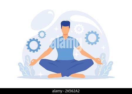 Riduzione delle sollecitazioni e attività di attenuazione. Uomo personaggio cartoon seduta in posa lotus. Equilibrio tra lavoro e riposo. Meditazione, relax, equilibrio. Vettore Illustrazione Vettoriale