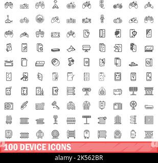 100 icone della periferica impostate. Illustrazione a linee di 100 icone del dispositivo set vettoriale isolato su sfondo bianco Illustrazione Vettoriale