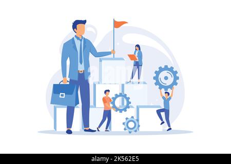 Motivazione della leadership aziendale. Gestione aziendale, definizione degli obiettivi, raggiungimento del successo. Capo ambizioso, top manager che controlla le prestazioni dei dipendenti Illustrazione Vettoriale