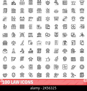 100 icone di legge impostate. Illustrazione del contorno di 100 icone di legge vettore set isolato su sfondo bianco Illustrazione Vettoriale