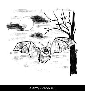 Illustrazione disegnata a mano del pipistrello vampiro che vola nei rami dell'albero della luna del cielo. Design monocromatico con linea nera in inchiostro forma di inchiostro profilo silhouette, disegno minimalista Foto Stock