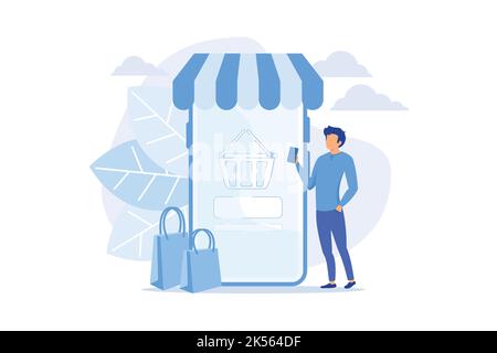 Applicazione per il mercato digitale. Azienda remota. Commercio elettronico, internet store, mercato mobile. Cliente che utilizza il carattere cartoon dello smartphone. Vettore illus Illustrazione Vettoriale