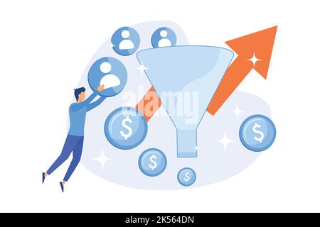 Manager che lavora con il personaggio cartoon del pubblico di destinazione. Processo di marketing, conversione dei clienti, visitatori del sito web. Generazione di lead, attrazione per i clienti. Illustrazione Vettoriale