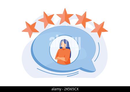 Esperienza del cliente, feedback. Revisione, soddisfazione, valutazione dei clienti. Classifica stelle. Avatar dell'utente dei social media nella bolla vocale. Vettore illus Illustrazione Vettoriale
