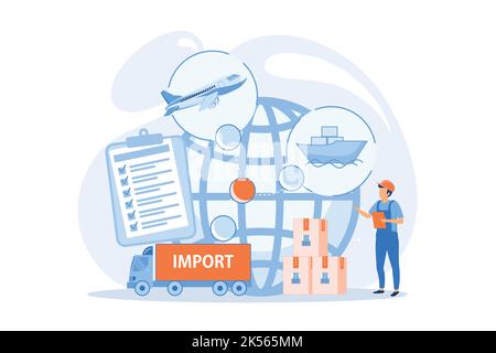 Rotte commerciali internazionali stabilite. Vendita di merci all'estero. Controllo delle esportazioni, materiali controllati per le esportazioni, concetto di servizi di licenza per le esportazioni. Vector Illustrazione Vettoriale