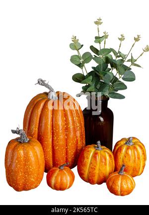 Zucche decorative isolate su sfondo bianco. Concetto di Halloween. Autunno, autunno. Spazio di copia. Foto Stock