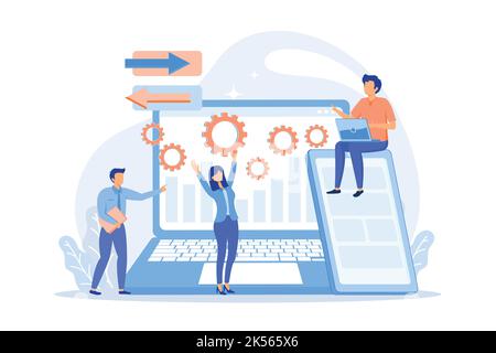 Tester e sviluppatori lavorano con notebook e tablet. Creazione di bug multipiattaforma, identificazione di bug e collaudo del concetto di team su sfondo bianco. Vector Illustrazione Vettoriale