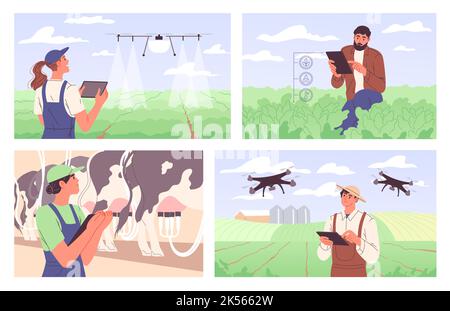 Gli agricoltori utilizzano nuove tecnologie in agricoltura Illustrazione Vettoriale