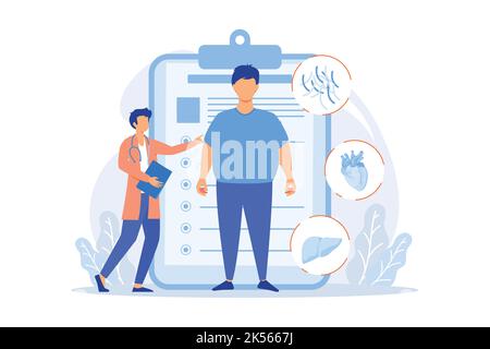 Problema di obesità. Uomo sovrappeso consultazione medica e diagnostica. Impatto negativo dell'obesità sulla salute umana e sugli organi interni. Illustrazione vettoriale Illustrazione Vettoriale