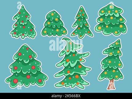 Set adesivi alberi di Natale. Alberi natalizi decorati con palle e stelle. Abete verde vettore di collezione stampabile disegnato a mano Illustrazione Vettoriale
