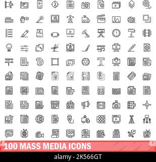 100 icone dei supporti di massa impostate. Illustrazione schematica di 100 icone dei supporti di massa set vettoriale isolato su sfondo bianco Illustrazione Vettoriale