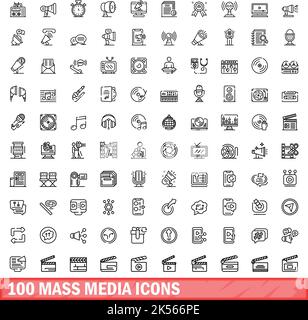 100 icone dei supporti di massa impostate. Illustrazione schematica di 100 icone dei supporti di massa set vettoriale isolato su sfondo bianco Illustrazione Vettoriale
