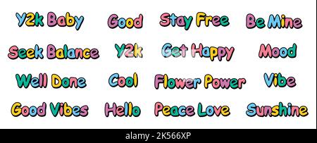 Set di slogan e frasi retrò hipster. Una collezione di adesivi di parole groovy con un carattere 70s 60s vibrazione. Graziose patch con testo Y2K. Illustrazione Illustrazione Vettoriale