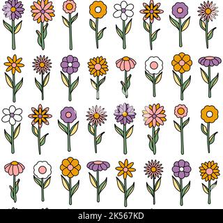 sfondo groovy. Motivo continuo e luminoso di fiori semplici in fiore in stile hippie psichedelico 1970s. Ornamento con decorazioni grafiche in stile retrò Illustrazione Vettoriale
