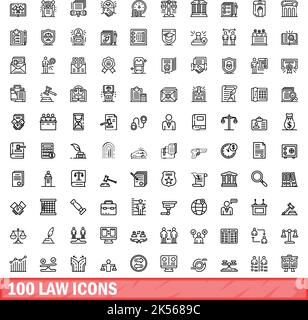 100 icone di legge impostate. Illustrazione del contorno di 100 icone di legge vettore set isolato su sfondo bianco Illustrazione Vettoriale