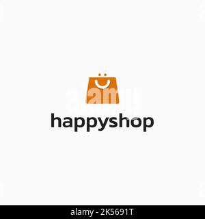 Design con logo Happy Shop. Sorriso astratto e logo della borsa. Semplice logo retail. Formato vettoriale. Illustrazione Vettoriale