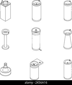 Set di icone fontana bere. Insieme isometrico di icone vettoriali fontana bere contorno isolato su sfondo bianco Illustrazione Vettoriale