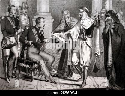 Il principe Luigi Napoleone, Napoleone III, riceve l'algerino Emir Abdelkader, Abd el-Kader, o Abdelkader ibn Muhieddine c1852. Incisione vintage Foto Stock