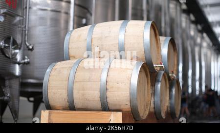 Produzione di vino e moderne vasche di vino con botti di vino Foto Stock