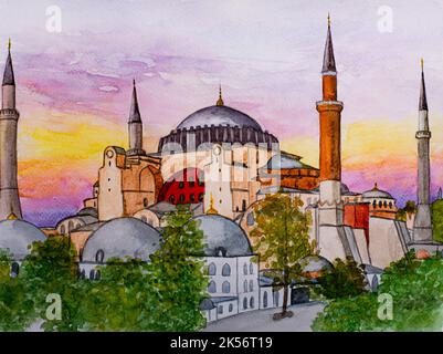 Hagia Sophia a Istanbul, pittura ad acquerello Foto Stock