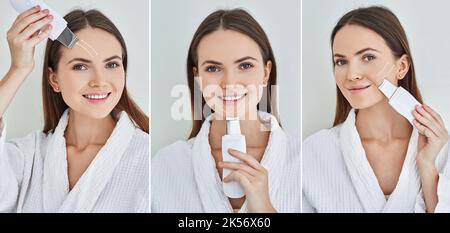 Peeling facciale a ultrasuoni per il viso di Pretty Woman con pulitore a ultrasuoni. pulizia del viso, immagine composita con concetto e frecce Foto Stock