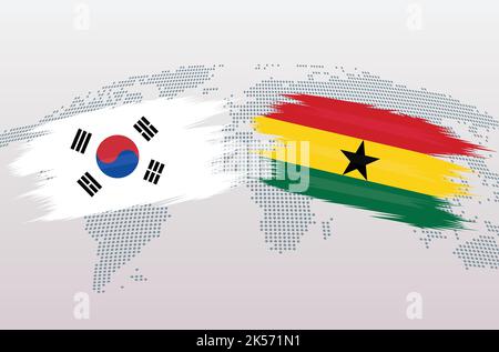 Corea del Sud vs Ghana calcio palla in bandiera design sulla mappa del mondo sfondo per il torneo di calcio, vettore per lo sport match template o banner. Illustrazione Vettoriale