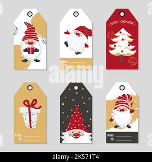 Natale regalo tag con gnomi carino. Set vettoriale di carte Illustrazione Vettoriale