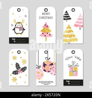 Natale regalo tag con gli alberi di Natale carino e palle. Set vettoriale di carte Illustrazione Vettoriale