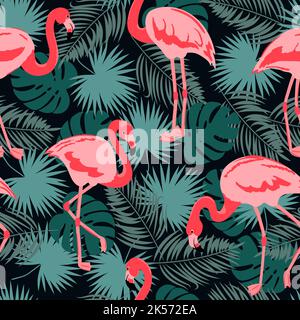 Motivo tropicale senza cuciture con bel fenicottero. Illustrazione Vettoriale