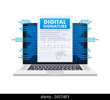 Contratto elettronico o firma digitale. Illustrazione di stock vettoriale. Illustrazione Vettoriale