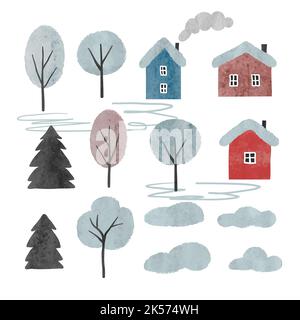 Inverno con case color acqua e alberi isolati su bianco. Illustrazione Vettoriale