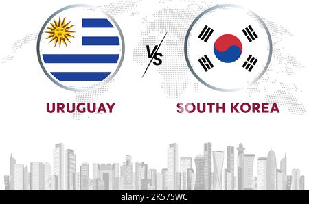 Uruguay vs Corea del Sud palla di calcio in bandiera design su sfondo Qatar skyline per il torneo di calcio, vettore per modello di partita sportiva o banner. Illustrazione Vettoriale