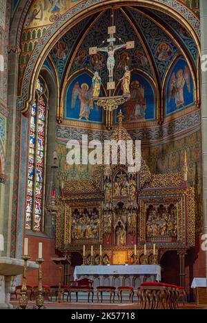 Vista interna della Chiesa di Santa Maria con organo, soffitto dal 1895-1906 nel centro storico di Gengenbach, Valle Kinzig, Ortenau. Baden Wuer Foto Stock