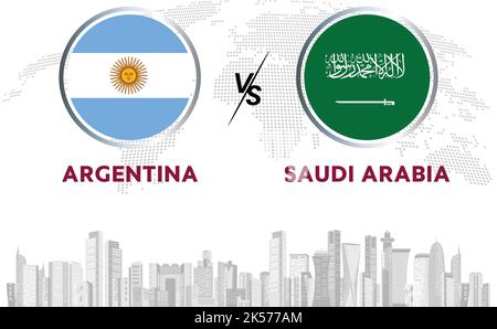 Argentina vs Arabia Saudita calcio palla in bandiera design su sfondo Qatar skyline per torneo di calcio, vettore per modello di partita sportiva o banner. Illustrazione Vettoriale