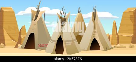 Indiani wigwam capanna fatta di feltro e pelli. Nella zona rocciosa del deserto. Dimora tribale nordamericana. Casa tradizionale di popoli nomadi. Vettore. Illustrazione Vettoriale