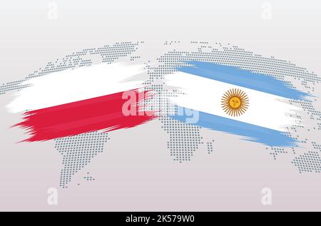 Polonia vs Argentina pallone da calcio in disegno bandiera sulla mappa del mondo sfondo per torneo di calcio, vettore per modello di partita sportiva o banner. Illustrazione Vettoriale