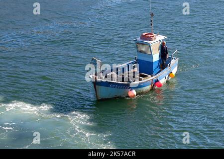 Francia, Finistère (29), bateau de pêche rentrant au port de Concarneau, cité fortifiée des XVe et XVIe siècles relanée par Vauban au XVIIe siècle Foto Stock