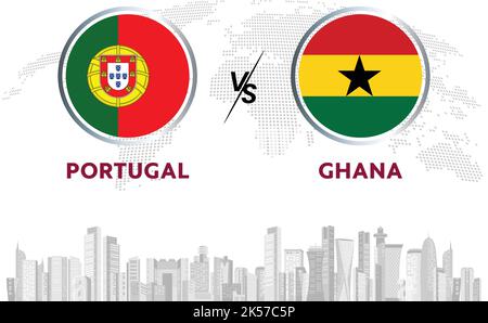 Portogallo vs Ghana calcio palla in bandiera design su sfondo Qatar skyline per il torneo di calcio, vettore per lo sport match template o banner. Illustrazione Vettoriale