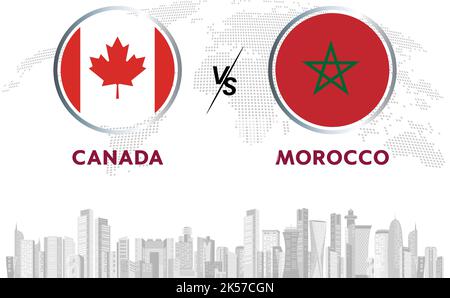 Canada vs Marocco pallone da calcio in bandiera design su sfondo Qatar skyline per torneo di calcio, vettore per modello di partita sportiva o banner. Illustrazione Vettoriale