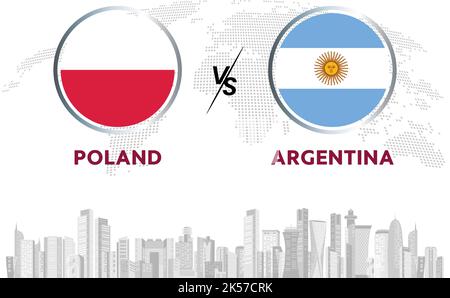 Polonia vs Argentina pallone da calcio in bandiera design su sfondo Qatar skyline per torneo di calcio, vettore per modello di partita sportiva o banner. Illustrazione Vettoriale