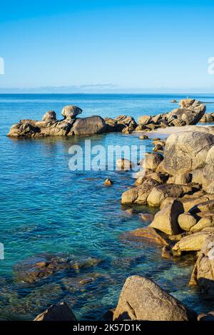 Francia, Finistere, Fouesnant, Pointe de Beg Meil sul sentiero costiero o GR 34 lungo percorso Foto Stock