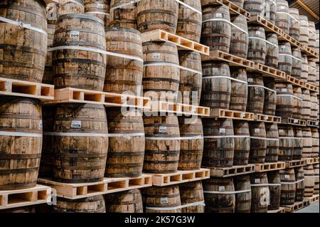 Botti di rovere immagazzinate nel magazzino di una distilleria di whisky Foto Stock