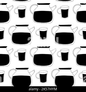 Motivo senza cuciture con teiere e tazze nere su sfondo bianco Illustrazione Vettoriale