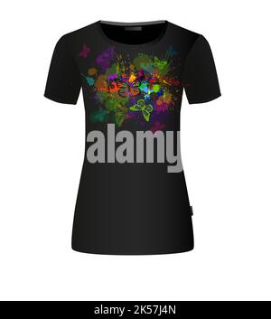 Farfalle astratte multicolore con schizzi di vernice su sfondo nero. Stampa t-shirt. Illustrazione vettoriale Illustrazione Vettoriale