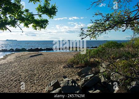 Vista dell'area di Sandy Hook Bay dal lato ovest di Sandy Hook, Highlands, Middletown, New Jersey, in un giorno soleggiato -20 Foto Stock