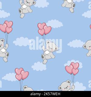 Modello di orsacchiotto senza cuciture. Sfondo vettoriale con graziosi orsi cartoni animati e palloncini di cuore. Illustrazione Vettoriale