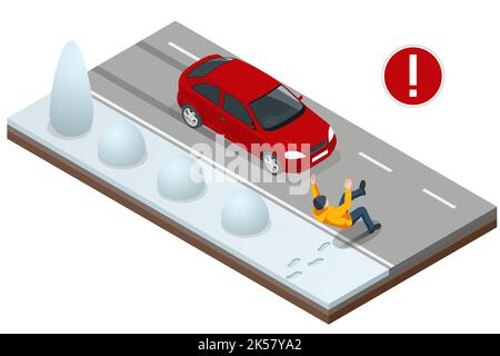 L'uomo isometrico scivola sulla strada in inverno davanti ad una vettura di passaggio. Situazione pericolosa sulla strada. Attenzione persone in viaggio Illustrazione Vettoriale
