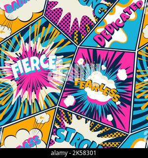 Fumetti pop art motivo senza cuciture. Sfondo retrò con fumetti vocali e grafica esplosiva. Illustrazione Vettoriale